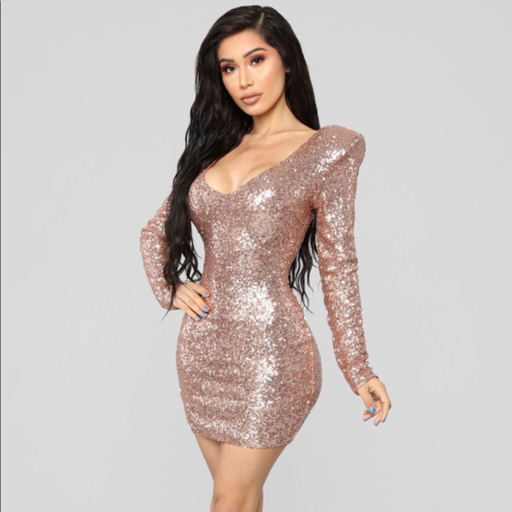Fashion Nova Rose Gold Sequin Mini Dress | Long Sleeve | Size L